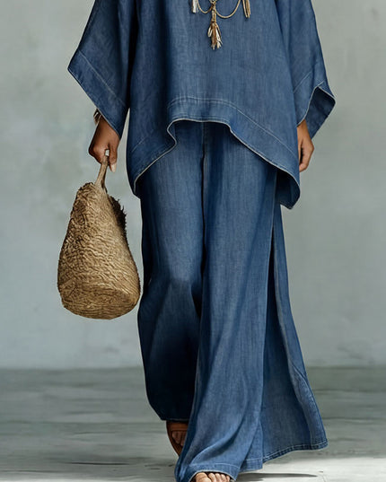 Casual Denim Batwing Asymmetrical Top & Wide Leg Pants Set