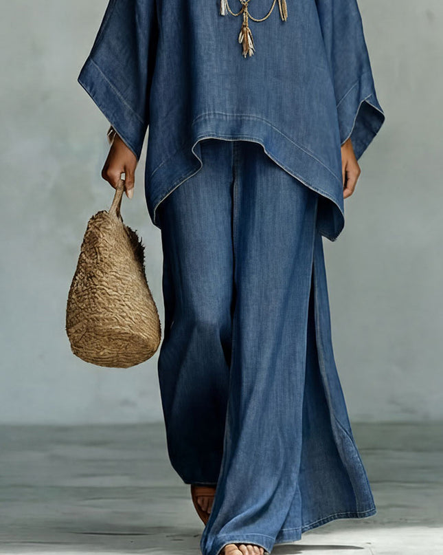 Casual Denim Batwing Asymmetrical Top & Wide Leg Pants Set