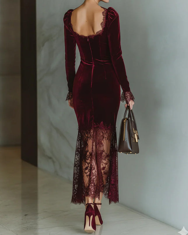 Elegant High-neck Velvet Lace Maxi Dress
