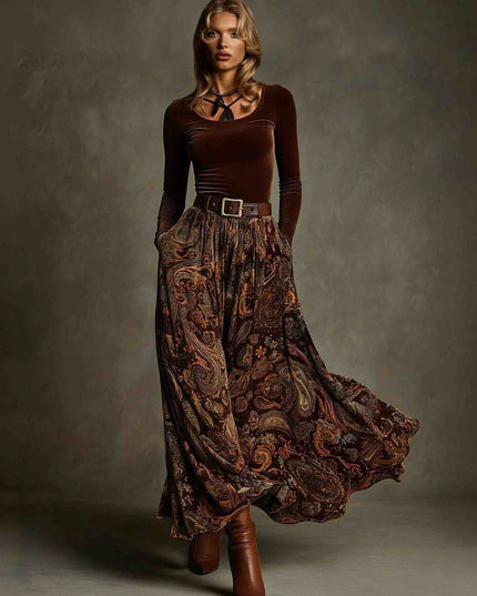 Retro Stretch Velvet Top And Paisley Print Maxi Skirt Set