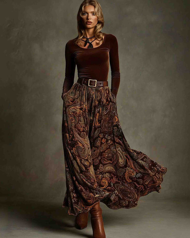 Retro Stretch Velvet Top And Paisley Print Maxi Skirt Set
