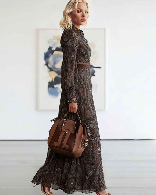Retro Paisley Print Zipper Maxi Dress