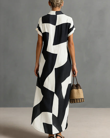 Exquisite Irregular Geometric Print Lapel Single-Breasted Short-Sleeved Maxi Shirt Dress