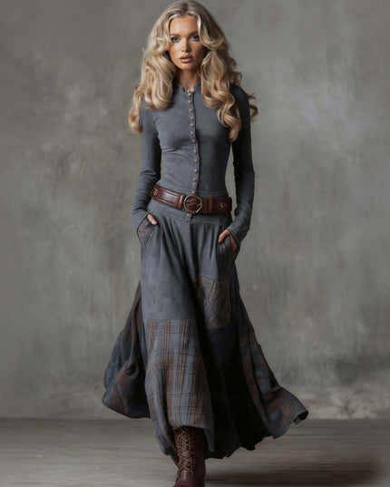 Retro Plaid Patchwork Maxi Dress