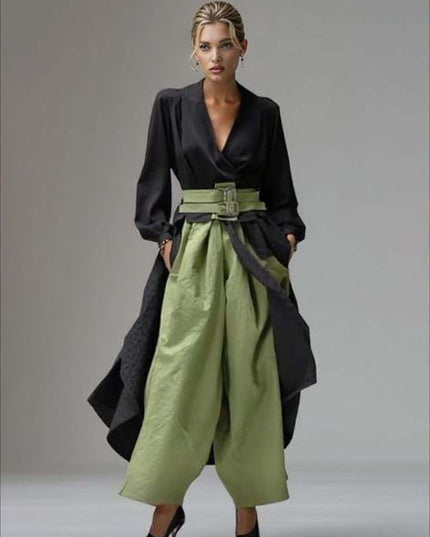 Casual V-neck Wrap-style Long Top Two-piece Set