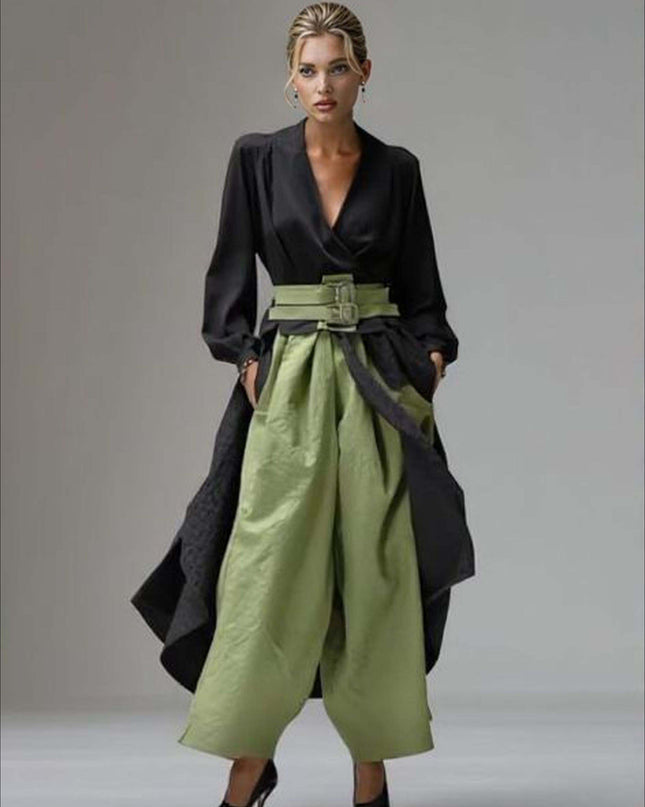 Casual V-neck Wrap-style Long Top Two-piece Set