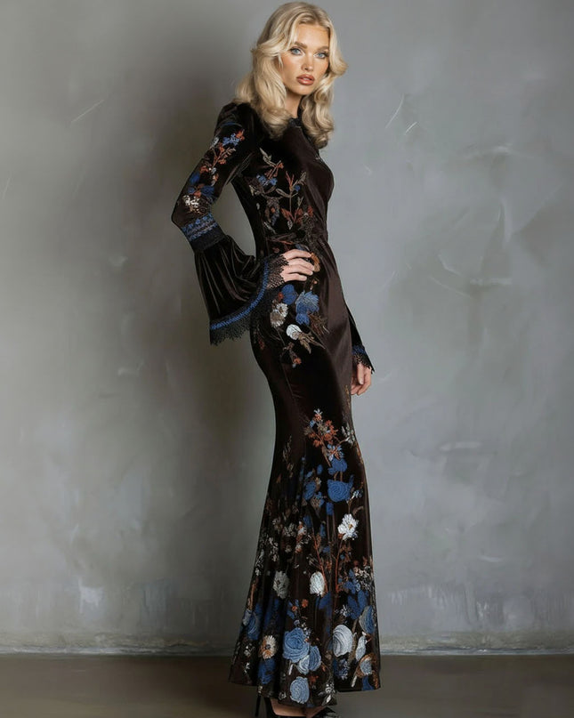 Elegant Velvet Floral Print Lace Flared Sleeve Fishtail Maxi Dress