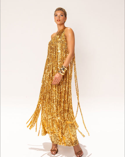 Elegant One-shoulder Neckline Tassel Sequin Maxi Dress
