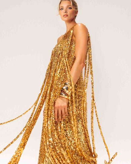 Elegant One-shoulder Neckline Tassel Sequin Maxi Dress