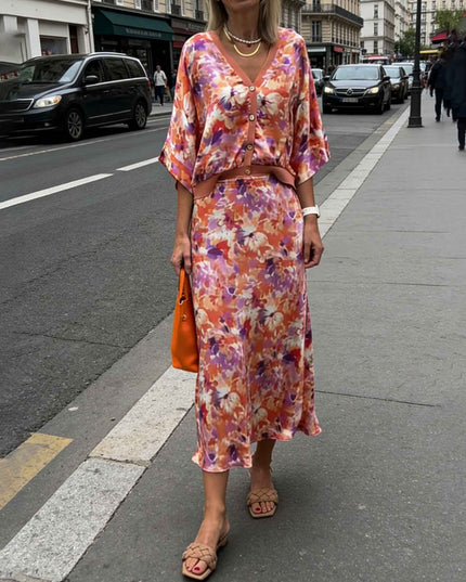 Exquisite Floral Print Satin Batwing Sleeve Set
