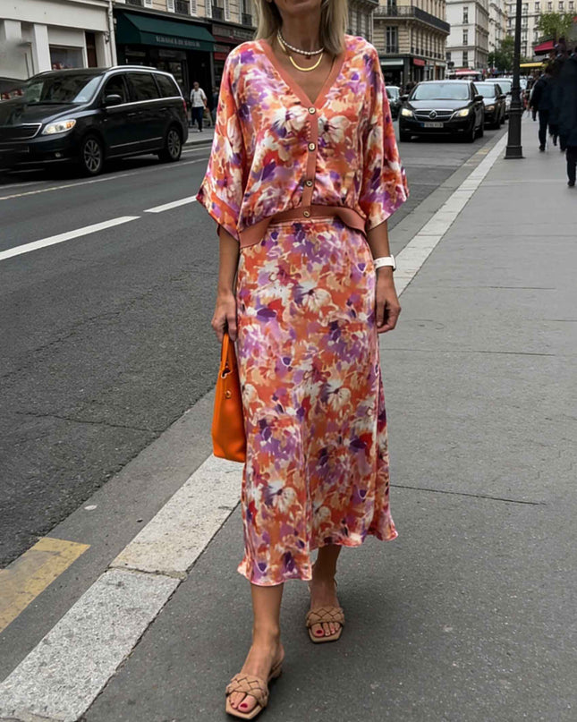 Exquisite Floral Print Satin Batwing Sleeve Set