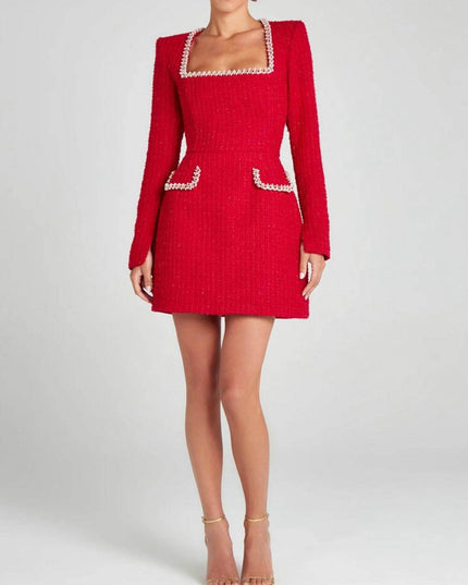 Exquisite Girl Charm Pearl Trim Slit Sleeve Pocket Mini Dress