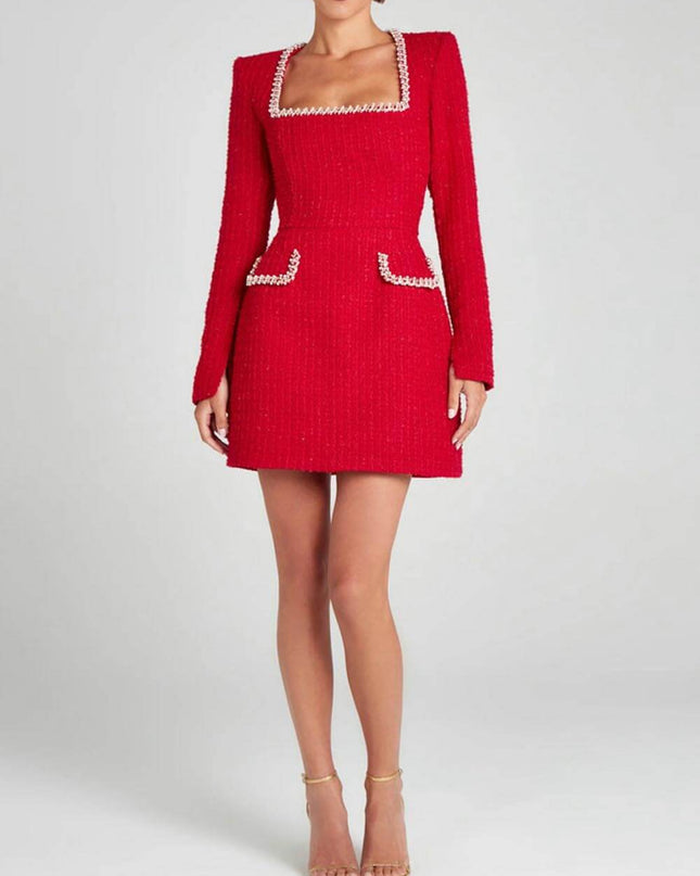 Exquisite Girl Charm Pearl Trim Slit Sleeve Pocket Mini Dress