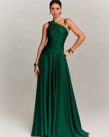Elegant Draped One Shoulder Cocktail Maxi Dress