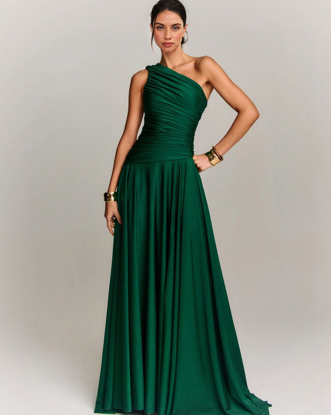 Elegant Draped One Shoulder Cocktail Maxi Dress