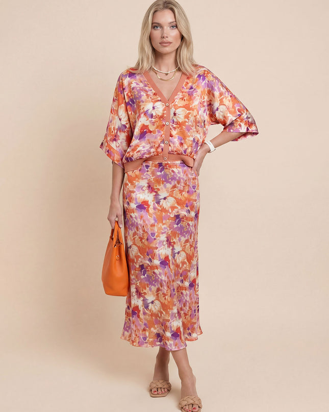 Exquisite Floral Print Satin Batwing Sleeve Set