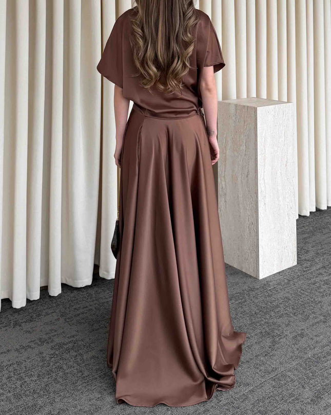 Elegant Satin Flowing Wrap Midi Dress