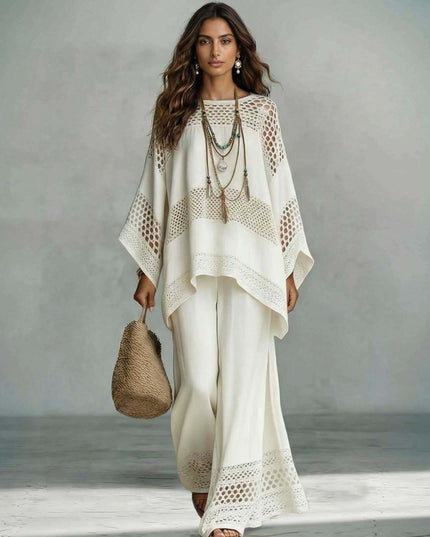 Exquisite Crocheted Lace Wide-Leg Pants Two-Piece Set