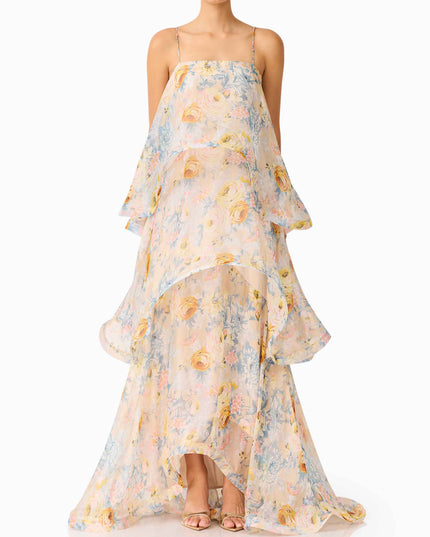 Elegant Floral Print Layered Chiffon Flowing Maxi Dress