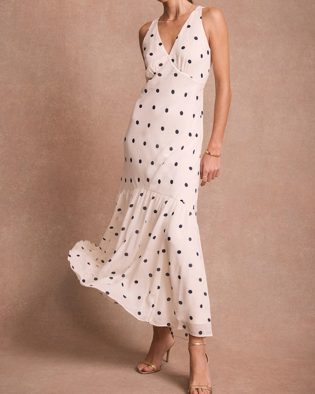Elegant Polka Dot Ruffle Layered Chiffon Cape Maxi Dress