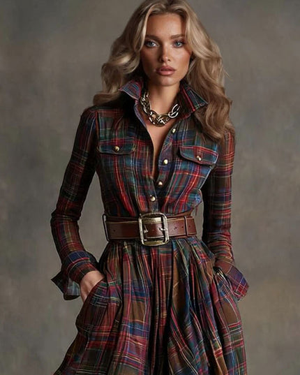 Retro Lapel Plaid Single-Breasted Maxi Dress
