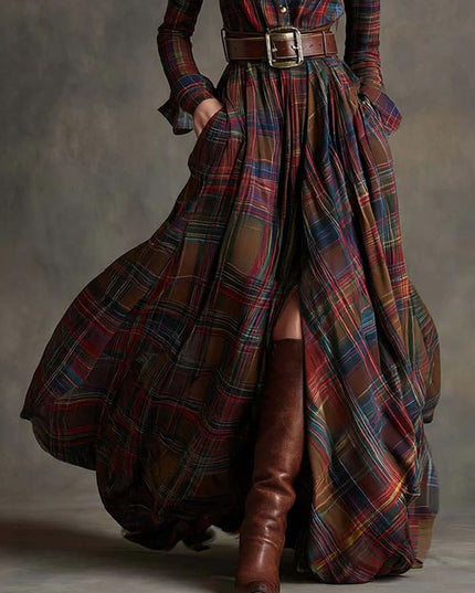 Retro Lapel Plaid Single-Breasted Maxi Dress