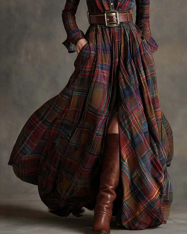 Retro Lapel Plaid Single-Breasted Maxi Dress