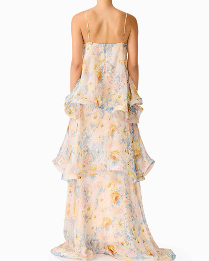 Elegant Floral Print Layered Chiffon Flowing Maxi Dress