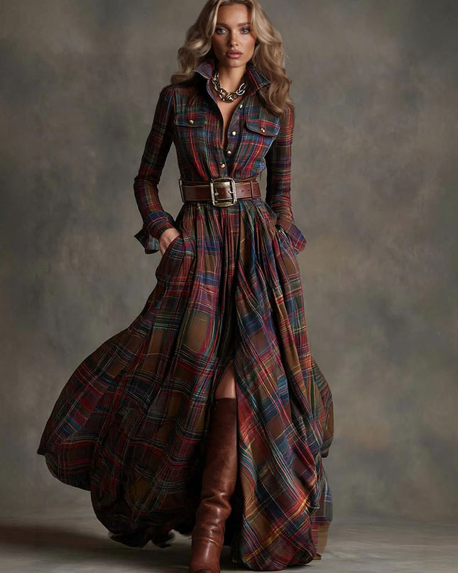 Retro Lapel Plaid Single-Breasted Maxi Dress