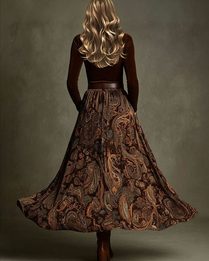 Retro Stretch Velvet Top And Paisley Print Maxi Skirt Set