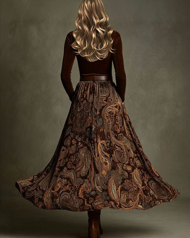 Retro Stretch Velvet Top And Paisley Print Maxi Skirt Set