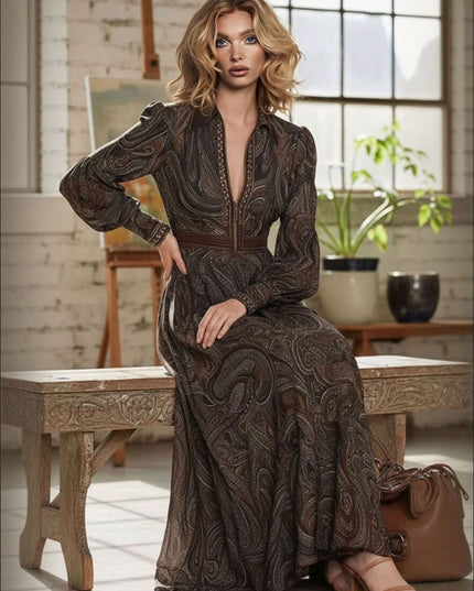 Retro Paisley Print Zipper Maxi Dress