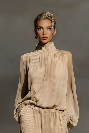 Modern Casual Chiffon High-Neck Ruffled Loose Set