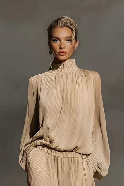 Modern Casual Chiffon High-Neck Ruffled Loose Set
