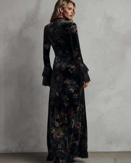Exquisite Velvet Floral Print Pleated Maxi Dress