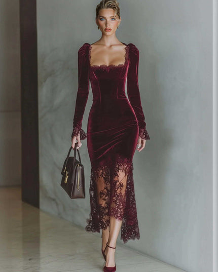 Elegant High-neck Velvet Lace Maxi Dress