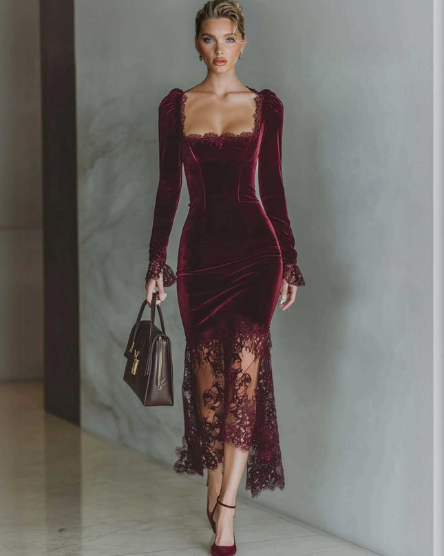 Elegant High-neck Velvet Lace Maxi Dress