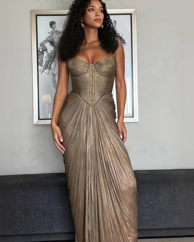 Elegant Pleated Metallic Tie-Waist Party Slit Gown Maxi Dress