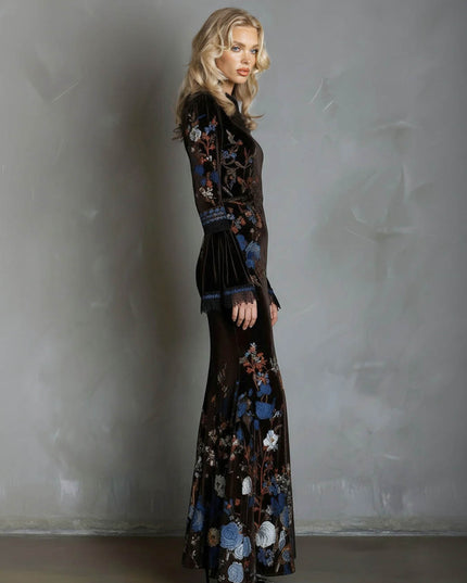 Elegant Velvet Floral Print Lace Flared Sleeve Fishtail Maxi Dress