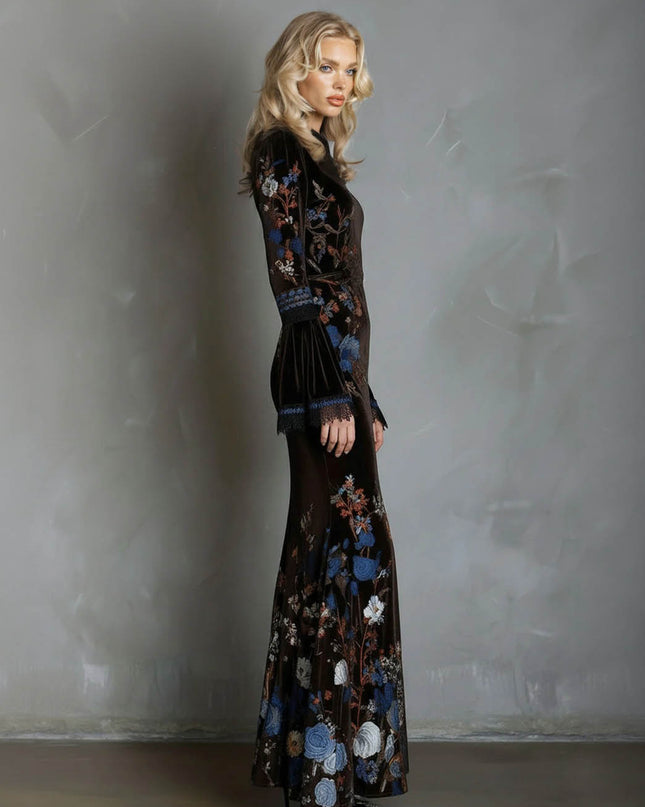 Elegant Velvet Floral Print Lace Flared Sleeve Fishtail Maxi Dress