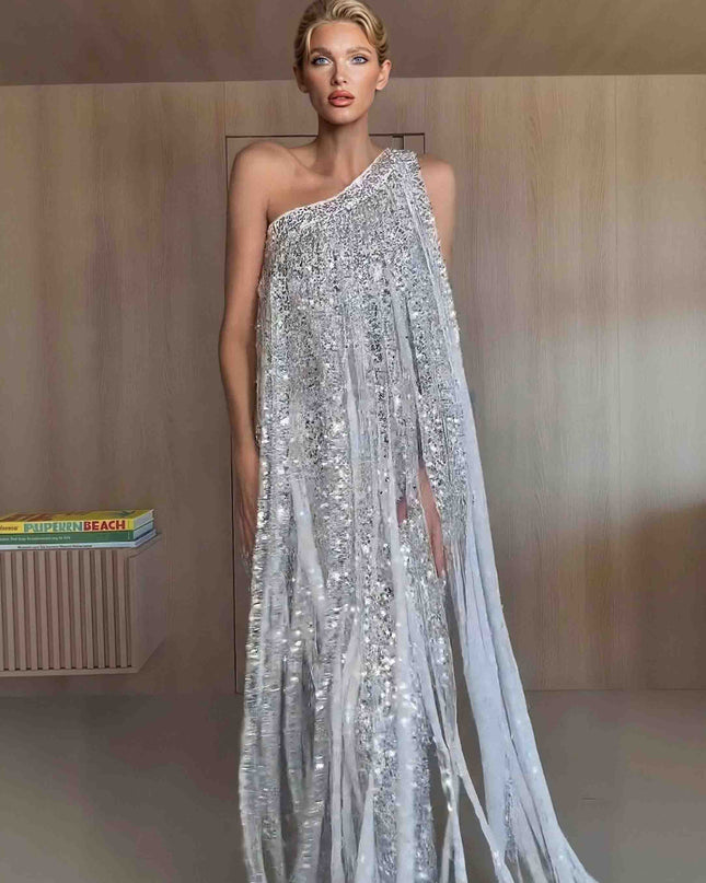 Elegant One-shoulder Neckline Tassel Sequin Maxi Dress