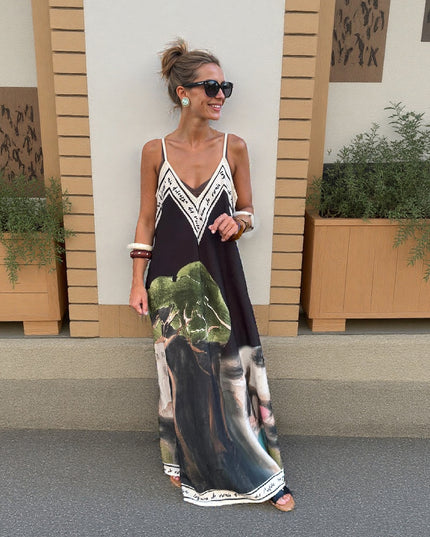 Unique Ink Flower Print Suspender Maxi Dress