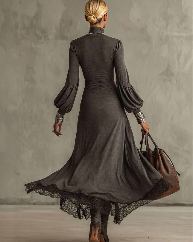 Elegant Puff-sleeved Knitted Lace Maxi Dress