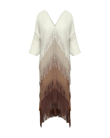Elegant Pleated Satin Ombre Fringe Detailing Maxi Dress