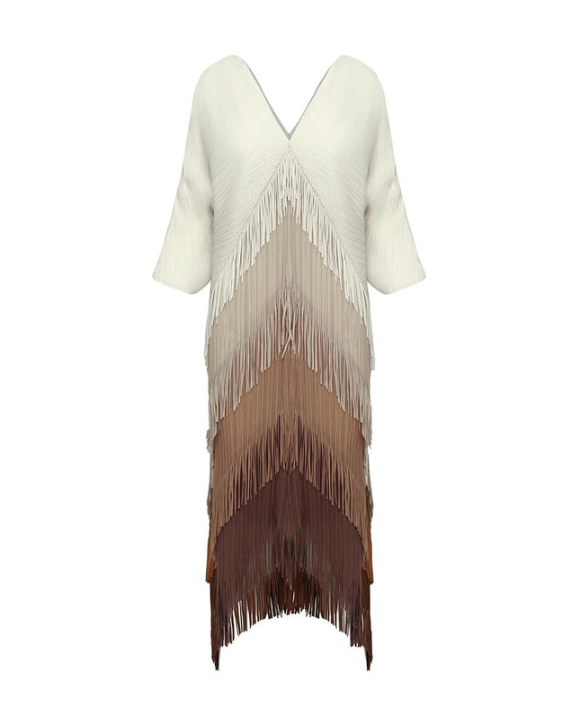 Elegant Pleated Satin Ombre Fringe Detailing Maxi Dress