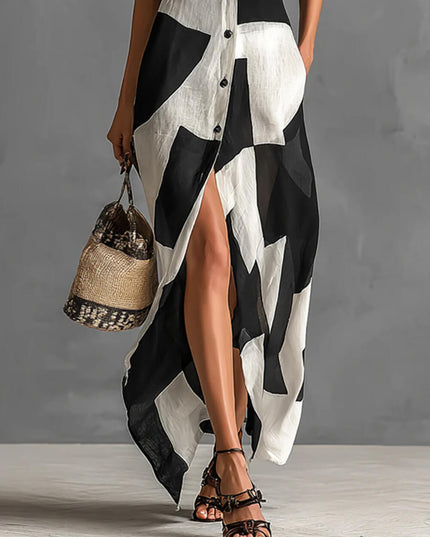 Exquisite Irregular Geometric Print Lapel Single-Breasted Short-Sleeved Maxi Shirt Dress