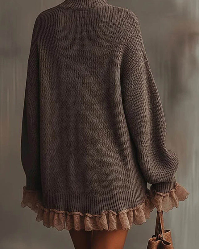 Fashion Solid Color Turtleneck Long-sleeved Loose Ruffle Knit Mini Dress