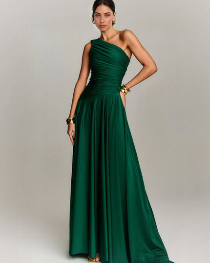 Elegant Draped One Shoulder Cocktail Maxi Dress