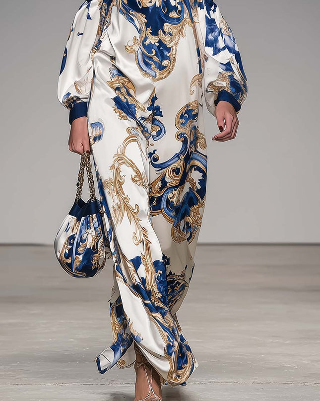 Retro Off-shoulder Printed Satin Maxi Dress