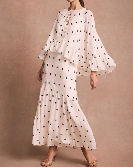 Elegant Polka Dot Ruffle Layered Chiffon Cape Maxi Dress